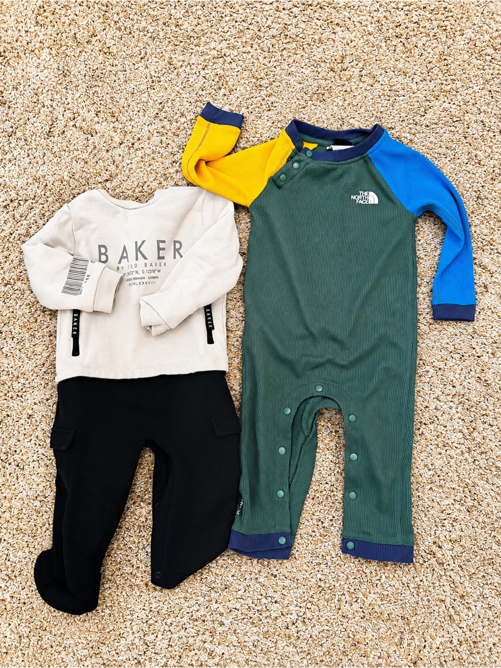 The North Face Green Ribbed Colorblock Footie with Blue & Yellow Sleeves